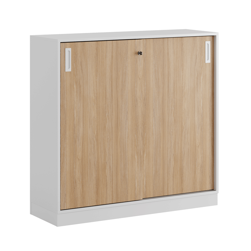Sliding_door_cabinet_Oak_120x107cm_MFCWhite-WhiteHandles-3 Skjutdörrskåp 120x40x107,5cm - Ek - Bilde 1