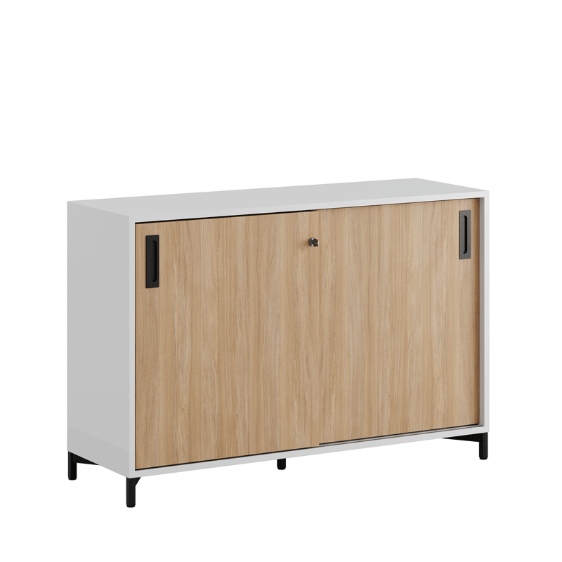 Sliding_door_cabinet_Oak_120x72cm_MetalBlack-BlackHandles-3 Skjutdörrskåp 120x40x72cm - ek - Bilde 1