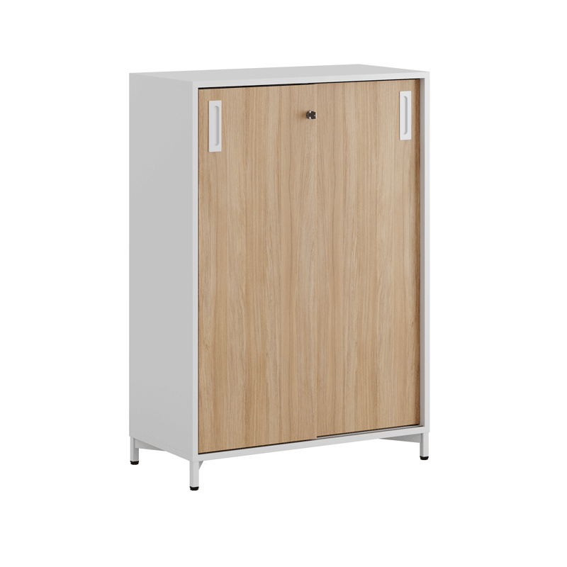Sliding_door_cabinet_Oak_80x107cm_MetalWhiteLegs-WhiteHandles-3 Skjutdörrskåp 80x40x107,5cm - ek - Bild 1